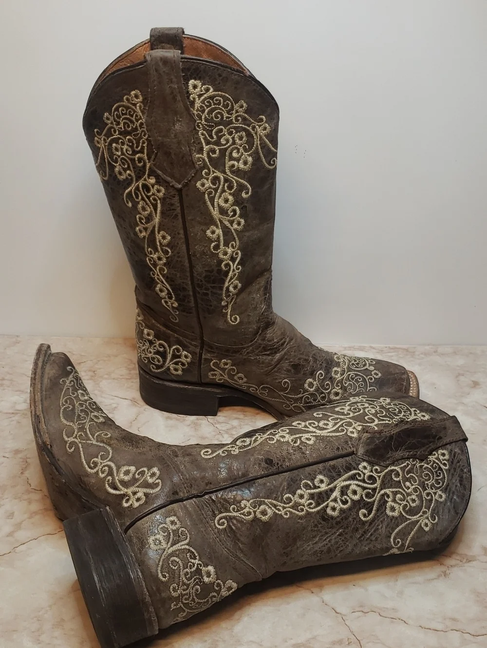 Corral  Brown Western Youth Embroidered Heeled Squear Toe Boots Size 3.5